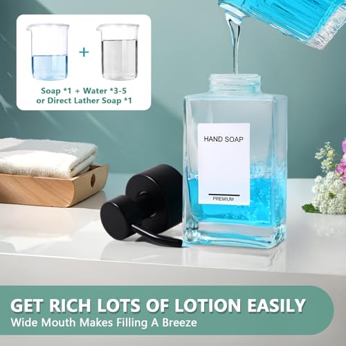Foaming Soap Dispenser 2 Pack, 12oz/350ml Glass Foaming Hand Soap Dispenser Set with Stainless Steel Pump, Square Refillable Foam Pump Bottles for Bathroom&Kitchen,Includes 6 Labels - color: Clear