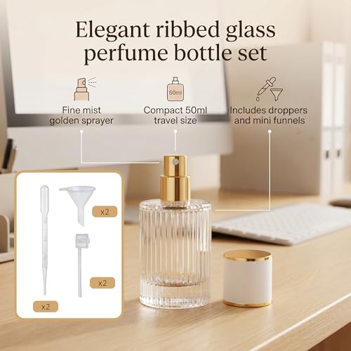 YU FENG 2 Pack 50ml Glass Perfume Spray Bottles, Gold Rim Atomizer | Vertical Striped Texture, Gold Sprayer With Cream Cap, Travel Size Refillable Bottle, Fine Mist Spray For Perfume And Oils - style: Gold-Trim Cream Cap-1