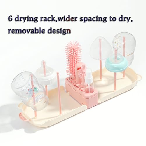 6 In1 Baby Bottle Brush Kit,Portable Silicone Bottle Brush Cleaner Set with Straw Brush,Nipple Brush,Drying Rack,Soap Dispenser,Storage Bag for Travel or Home,Compact&Space-Saving(Pink)
