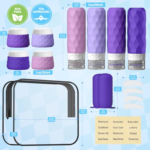 16Pack Travel Bottles for Toiletries, TSA Approved Travel Size Toiletries Containers Set, Silicone Leak Proof Refillable Bottles Elastic Sleeves Creams Jars Accessories Kit W/Clear Bag (Purple) - color: Purple