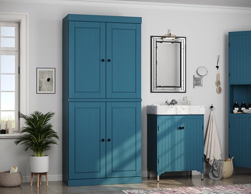 Palace Imports Solid Wood Tall Bathroom Pantry Cabinet with 4 Wooden Doors & Adjustable Shelves, Teal Blue - 100% Eco-Friendly, Renewable, Space-Saving Storage, 71.5" H x 32" W, Made in Brazil - color: Teal Blue