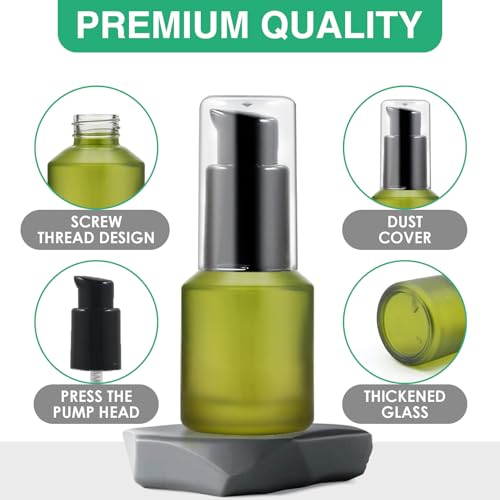 3PCS 15ML/0.5OZ Empty Green Frosted Glass Bottles with Pump Refillable Vial Cosmetic Dispenser Jars Storage Travel Lotion Container Portable Sample Bottle for Toiletries,Foundation,Cream,Gel,Lotion - color: Green, size: 0.5 OZ
