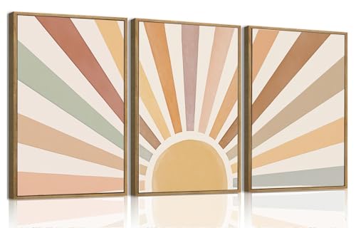 Bwodke Boho Wall Art, Framed Abstract Wall Art, Sun Rising on the Horizon Neutral Canvas Wall Decor, Mid Century Geometric Pictures Set of 3, Minimalist Paintings, for Bedroom Living Room Bathroom 16"x24" - color: Sun Rising, size: 16"x24"Natural