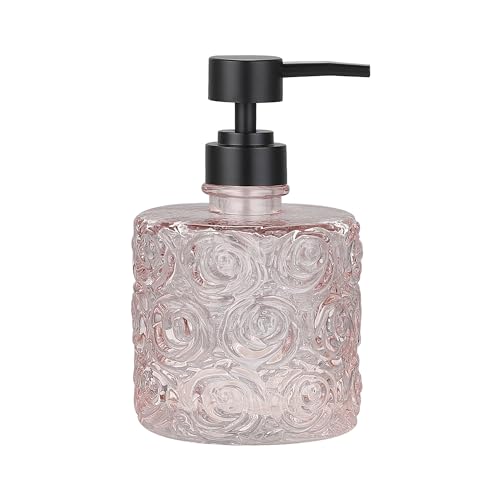 Marcella Glass Soap Dispenser with Soap Pump, Refillable 14 Ounce Capacity, Floral Design Rose Patterns, Heavy Weight Thick Glass for Bathroom, Premium Kitchen Soap Dispenser Peach Blush - color: Peach Blush