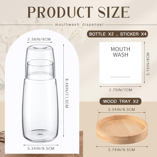 2 Set 25 oz Glass Mouthwash Dispenser with Wood Tray and Mouth Wash Labels, Mouth Wash Container Bottle with Lid Cup, Mouthwash Decanter for Bathroom Bedside Water Carafe for Nightstand