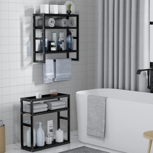 PPN Towel Rack Bathroom Storage Shelves Over The Toilet with Towel Bar 100% Bamboo Adjustable Height Floating Shelf Wall Shower Shelf for Small Space Bathroom Kitchen Multi Usage (Black-1Pack) - color: Black 1pack