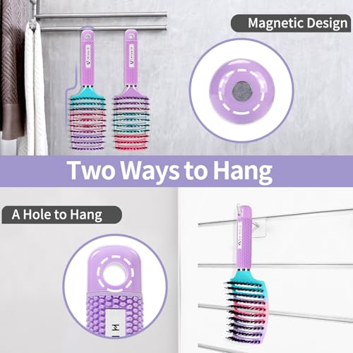 Boar Bristle Hair Brush Set of 2, HIPPIH Wet & Dry Hair Brushes Made by Fine Natural Boar Hair Can Adds Shine and Smoothing, Detangling Hairbrush for Women, Men & Kids' Long Curly Thick Hair - color: Mint Green & Purple