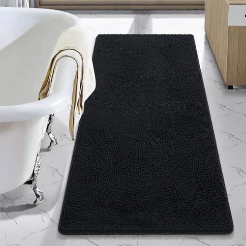 LOCHAS Luxury Bathroom Rug Shaggy Bath Mat 24 x 54 Inch, Washable Non Slip Bath Rugs for Bathroom Shower, Soft Plush Chenille Absorbent Carpets Mats, Black - color: Black, size: 2' X 4'6" (24''x54'')