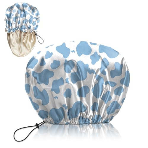 Luxury Shower Cap Silk Satin Lined Waterproof Reusable Adjustable Elastic Dry Hair Bathing Caps Cute for Women Girls-Blue Cow - color: C-15-Blue Cow