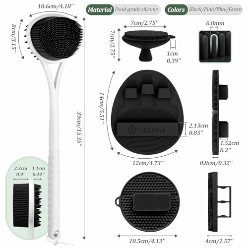 Silicone Back & Body & Face Scrubbers Set 4PCS, 15.35’’ Soft Back Scrubber for Dual-Side Usage, Easy-to-Hold Bath Glove Body Scrubber Face Scrubber for Good Foaming & Deep Cleaning(Black) - color: 02black*4