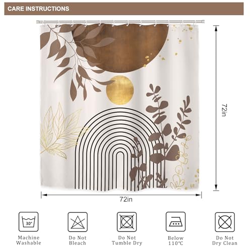 Riyidecor Brown Boho Mid Century 4Pcs Bathroom Shower Curtain Sets Modern Abstract Gold Bathroom Decor Set with Rugs and Accessories Minimalist Toilet Lid Rug, Contour and Bath Mat with 12 Hooks - color: 05brown
