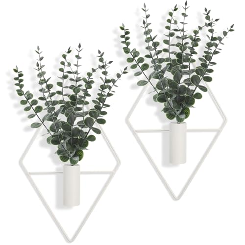 Jexine Hanging Planters with Artificial Eucalyptus Metal Hanging Vase Indoor Plants Holder Modern Geometric Boho Bathroom Wall Decor for Living Room Home Office(Eucalyptus,Matte White,4 Pcs) - color: Matte White, size: Eucalyptus