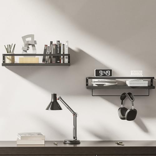 Bathroom Shelves with Towel Bar, Wood &Metal Frame, 2 Pack(Black) | Floating Shelves for Bathroom, Kitchen, Living Room, Bedroom - color: Black
