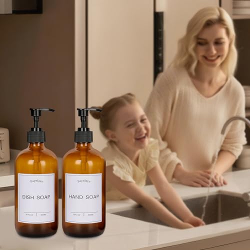 Amber Glass soap Dispenser with Anti-Rust Pump. Refillable Kitchen and Bathroom soap Dispenser for Dish soap, Hand sanitiser, Shampoo, Conditioner, Lotion, Shower Gel Conditioner 16 oz 2pack