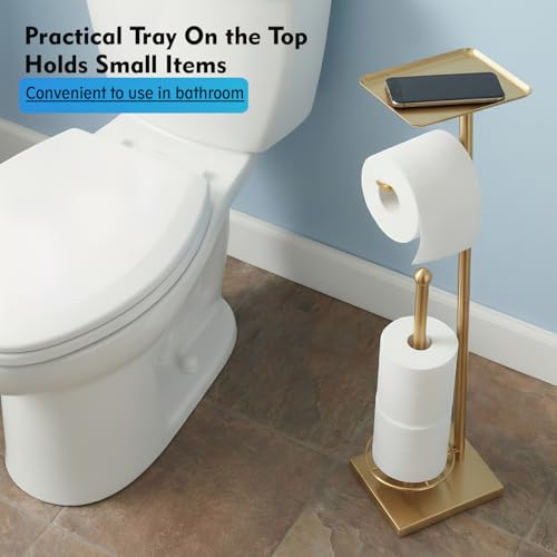 Gold Toilet Paper Holder with Shelf, Free Standing Toilet Paper Stand with Storage for Holding Extra 3 Rolls, Tissue Holder for Bathroom (Gold with Metal Base) - color: Gold With Metal Base
