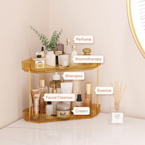 Lifewit 2-Tier Corner Bathroom Counter Organizer, Plastic Makeup Skincare Organizers Storage Countertop, Large Sink Cosmetic Perfume Shelf for Bedroom, Dresser, Kitchen, Vanity, Gold, 25 cm/10inch(H) - color: Gold, size: 2 Tier