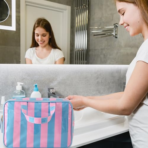 Travel Toiletry Bag for Women, Waterproof Clear Coated Portable Stripe Makeup Cosmetic Bag with Compartment, Travel Organizer for Shampoo, Conditioner, Brushes Set,Cosmetic Accessories(Pink-Blue) - color: Pink-Blue