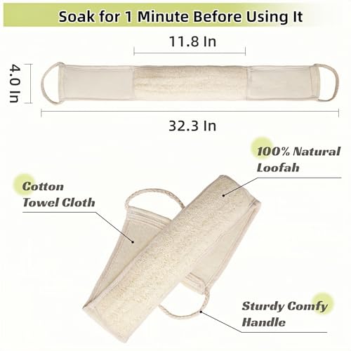 Natural Loofah Back Scrubber for Bath Shower, Deeply Exfoliating | Body Scrubber, Back Scrub Strap for Men and Women, Biodegradable, Bath Sponge to Exfoliate, Invigorate Your Skin
