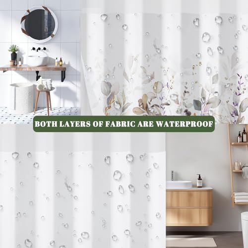 No Hook Shower Curtain with Snap in Liner Set, Neutral Watercolor Botanical Eucalyptus Foliage Print Shower Curtains for Farmhouse Boho Bathroom, Mesh Top Waterproof Bath Curtain, 71x74 Inch - color: Botanical-3
