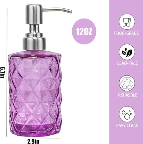 12Oz Purple Soap Dispenser Bathroom - 2 Pack, Clear Glass Hand Soap Dispensers with Stainless Steel Pump, Refillable Dish Soap Dispenser for Kitchen, Countertop Soap Dispensers - color: Diamond Purple（2-pack）