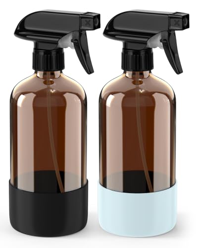 Bontip Glass Spray Bottle with Silicone Sleeve Protection, Amber Glass Spray Bottle Set for Window Cleaner Aromatherapy Facial Hydration Watering Flowers Hair Care 2 Pack/16 oz (Black & Blue, 16 oz) - color: Black & Blue, size: 16 Ounces