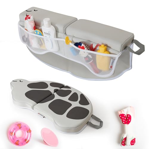 Comfortable Bath Kneeler and Elbow Rest Pad Set – 22'' Extra Long, 1.5'' Thick, Foldable, Non-Slip, with Toy Organizer Pockets, Quick Drying – Grey (Turtle Shape)