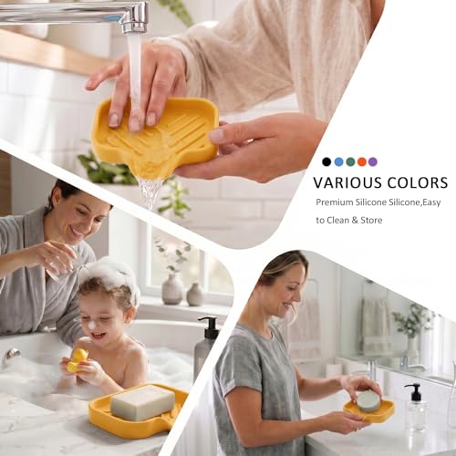 MicoYang Silicone Soap Dish with Drain Spout, Self-Draining Sink Organizer Tray for Bathroom and Kitchen, Sponges, Dispensers and Soap Holder, Non-Slip & Dishwasher Safe, Yellow (Compact, 4.9"×3.2") - color: Yellow, size: S(4.9"×3.2")
