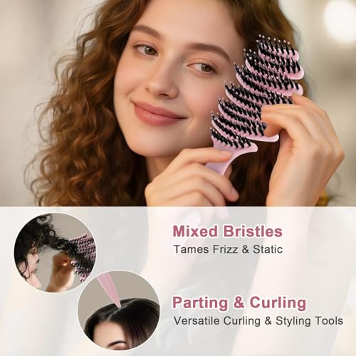 Wet Natural Boar Bristle Hair Brush for Fine Hair - A Great Gift | Smoothing Vented Detangling, Hair Texture, Gentle Scalp Feel, for Women and Men, Paddle, Frizz, Thin Hair, High Quality - color: Light Pink