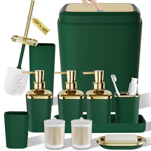 Bathroom Set - 11PC Bathroom Accessory Set, Bathroom Accessories Set, Green Bathroom Set, Push-lid Trash Can, 3PC Soap Dispensers, Toilet Brush & Q-tip Holders - color: Dark Green & Gold, size: Bath Set