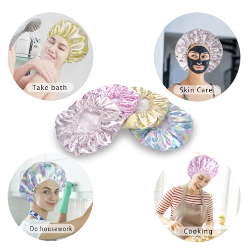 Shower Caps for Women, 4 PCS Elastic and Reusable Bath Caps, Double Layers Shower Cap Reusable Waterproof, Bathing Shower Caps, Environmental Bath Hair Protection Cap - Bow - color: Bow