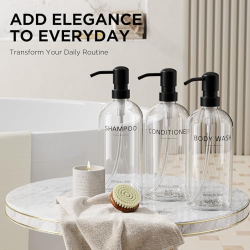 Shampoo and Conditioner Dispenser Set,3 Refillable 16oz Bottles with Stainless Steel Pumps – Shower Soap Dispensers for Bathroom, Hotel or Airbnb (Transparent, 3-Pack) - color: Transparent