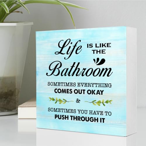Blue Life is Like The Bathroom Wooden Box Sign Desk Decor,Funny Bathroom Wood Block Sign for Farmhouse Toilet Shelf Decor - color: Blue