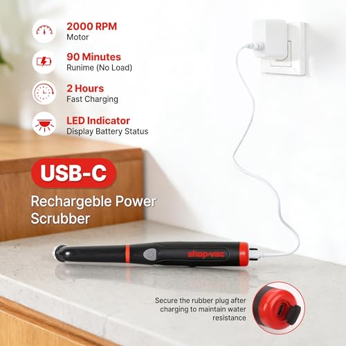 Shop-Vac Electric Spin Scrubber with 2000RPM Motor, 90Min Long Runtime with 5 Replaceable Head, LED Display and IPX6 Waterproof, Cordless Electric Scrubber for Cleaning Grout, Tile, Bathroom, Kitchen