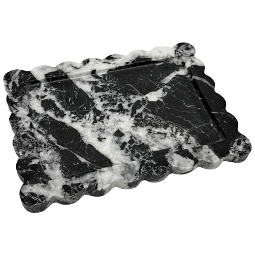 Real Natural Calacatta Black Marble Tray, Luxury Scalloped Marble Tray, Decorative Rectangle Marble Tray for Vanity Bathroom Kitchen Coffee Table Jewelry Perfume Home Decor - color: Calacatta Black
