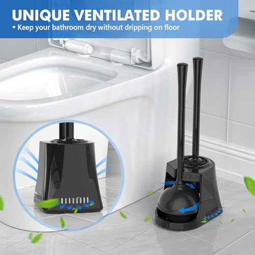LOVLOY Toilet Plunger and Brush with Holder, Bowl Brush and Heavy Duty Toilet Plunger Set with Ventilated Holder, 2-in-1 Toilet Brush and Plunger Combo for 5.3-inch Toilet Drain New Pack (Black, 1) - color: Black