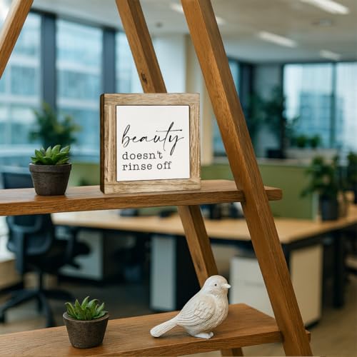 Funny Bathroom Sign Shelf Decor, Beauty Doesn't Rinse Off Wood Block Sign, for Bathroom Shelf Restroom and Toilet Shelves Decor, Rustic Wooden Table Top Signs 5.9×5.9 inch - color: color35