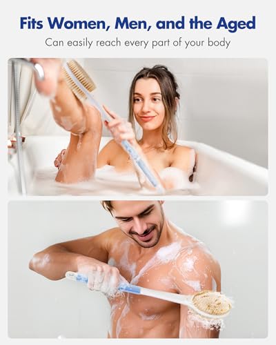 Back Scrubber Body Shower Brush: Anti Slip Long Handle Bath Brush with Stiff and Soft Bristles - Showering Exfoliator Wet or Dry Brushing for Women, Men, Elderly (Blue) - size: Long Handle 18.1 in-Blue