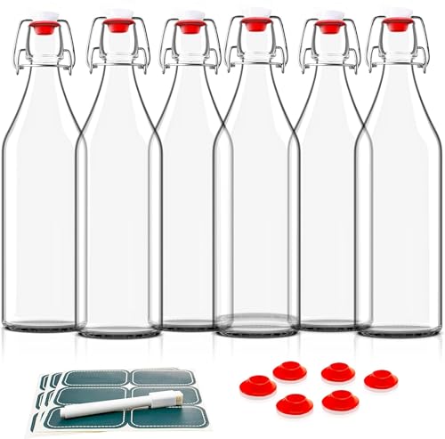 Otis Classic Clear Swing Top Glass Bottles, Plastic Caps, Set of 6, 16oz | Marker & Labels Included, Plastic Cap BPA Free, For Juice, Water, Kombucha, Wine, Beer Brewing, Kefir Milk, Eggnog - color: 1. Clear - Plastic Lids