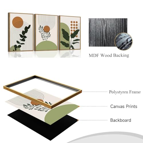 Bwodke Boho Wall Art, Framed Abstract Wall Art, Botanical Canvas Wall Decor, Mid Century Plant Leaf Geometric Pictures Set of 3, Minimalist Paintings, for Bedroom Living Room Bathroom 12"x16" - color: Botanical, size: 12"x16"Natural