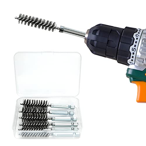 6 Pcs Stainless Steel Bore Brush Set with 1/4" Hex Shank Twisted Wire Bristles, Different Sizes (8, 10, 12, 15, 17, 19mm) for Rust and Tube Cleaning