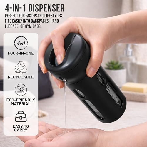 Travigo 4-in-1 Travel Dispenser Bottle, TSA Approved, Leak Proof, Four Reusable 1.4 oz. (40 mL) Toiletry Containers for Shampoo, Conditioner, Soap, Lotion, Skincare (Black) - color: 1 Dispenser (Black)