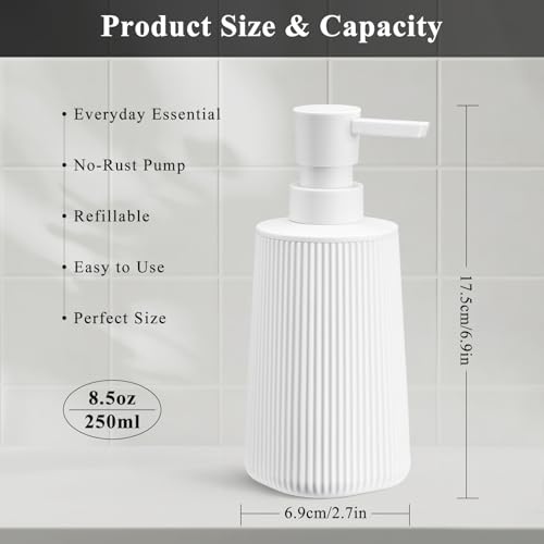 White 2 Pack Hand Soap Dispensers Set with No Rust Pump for Bathroom and Kitchen Countertops Refillable Matte Striped Plastic 8.5 oz - color: White Set of 2