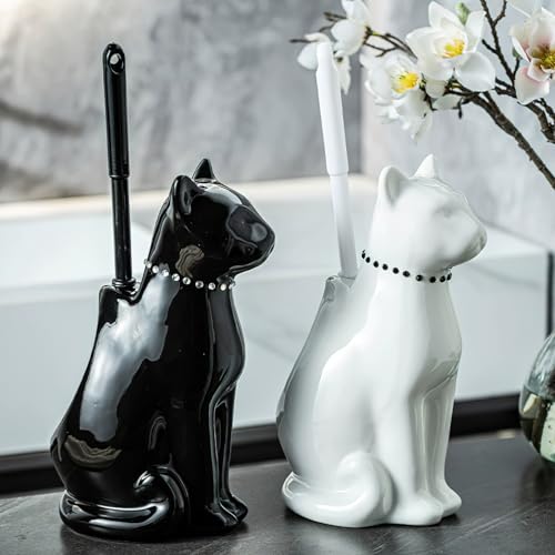 Cat Toilet Brush Holder - Ceramic Whimsical Feline Design with Wide-Mouth Storage, Black Toilet Bowl Brush and Holder Set Cute for Bathroom Ground, Easy-Clean Cat Lover Gift (White)
