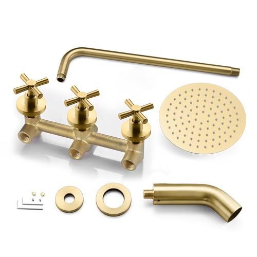 SUMERAIN 3 Handle Tub Shower Faucet Set Brushed Gold | High Pressure Waterfall Tub Spout, 3-Cross Handles, Wall Mounted, 8 Inches Rain Shower Head, Brass Rough in Valve - color: Brushed Gold