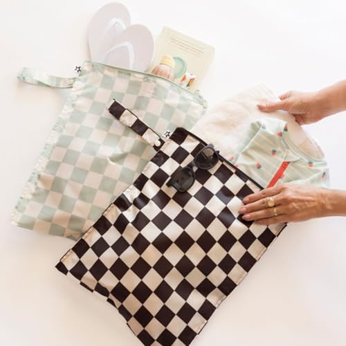 Tiny Twinkle Mess Proof Wet Bags | 2-Pack Reusable Waterproof Wet Bags for Swimsuits | Baby Clothes | Travel & Diaper Bag (Black, Green Checkers) - color: Black, Green Checkers, size: 2 Pack