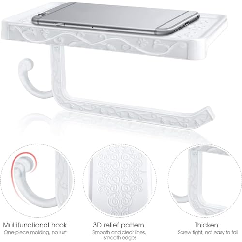 Vintage Toilet Paper Holder Wall Mount Toilet Roll Holder with Shelf and Hook Bronze Antique Bathroom Accessories Toilet Tissue Roll Holder Hanger Aluminum Material (White) - color: White