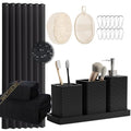 Resin Black Bathroom Sets, Black Bathroom Accessories Set with Shower Curtain, Bath Towel Set, Natural Loofah Sponge, Soap Dispenser, Toothbrush Holder, Bathroom Tumbler and Tray for Countertop - size: Bath Set+Shower Curtain+Towel Set+2PCS Loofah, style: