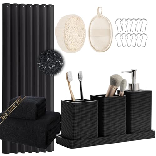 Resin Black Bathroom Sets, Black Bathroom Accessories Set with Shower Curtain, Bath Towel Set, Natural Loofah Sponge, Soap Dispenser, Toothbrush Holder, Bathroom Tumbler and Tray for Countertop - size: Bath Set+Shower Curtain+Towel Set+2PCS Loofah, style: