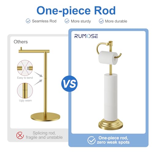 RUMOSE Toilet Paper Holder Stand for Floor, Brushed Gold Bathroom Free Standing Toilet Tissue Roll Holder with Storage, Adjustable 17-25 Inch, SUS304 Stainless Steel - color: Brushed Gold
