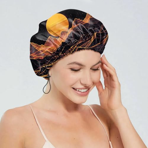 2 PCS Shower Cap Reusable Waterproof Double Layers Hair Caps Shower Bath Adjustable Elastic Hat for Women Girls Cute Aesthetic-Sunset Forest - color: AI9-Sunset Forest